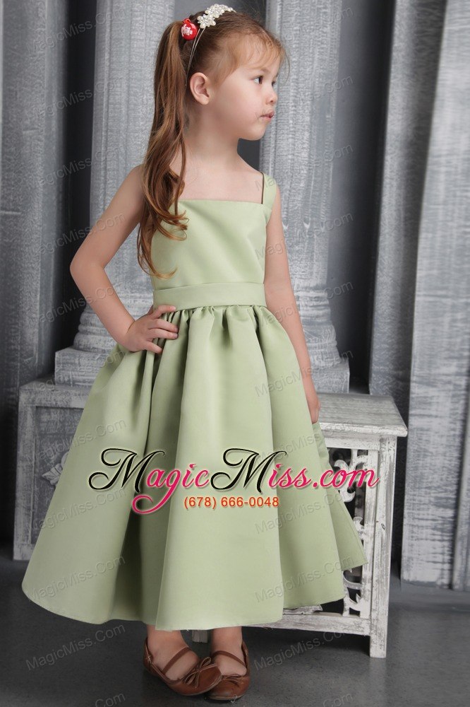 wholesale olive green a-line straps tea-length satin belt and bowknot little girl dress