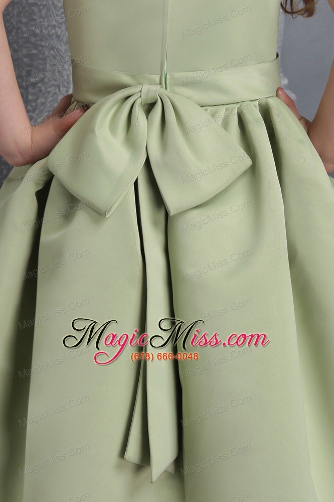 wholesale olive green a-line straps tea-length satin belt and bowknot little girl dress