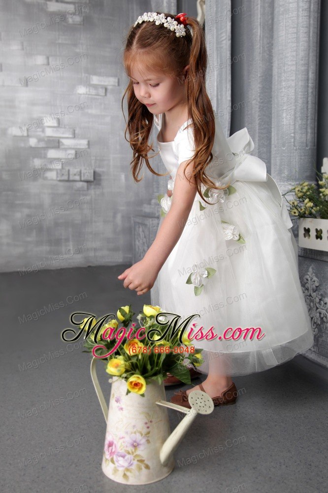 wholesale white a-line / princess square tea-length tulle hand made flowers flower girl dress