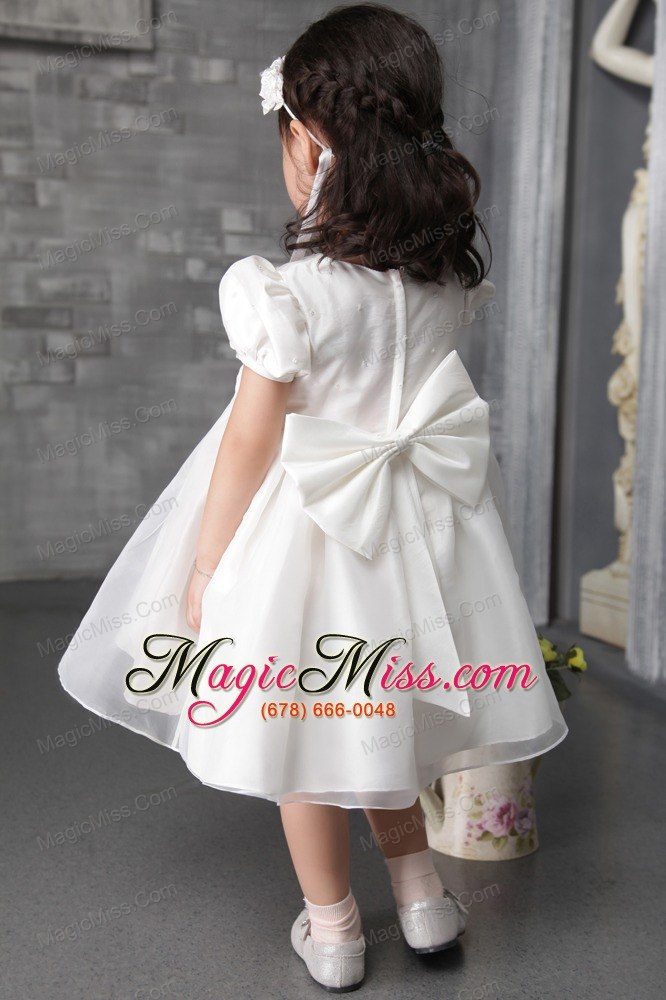 wholesale white a-line / princess scoop tea-length organza hand made flowers flower girl dress