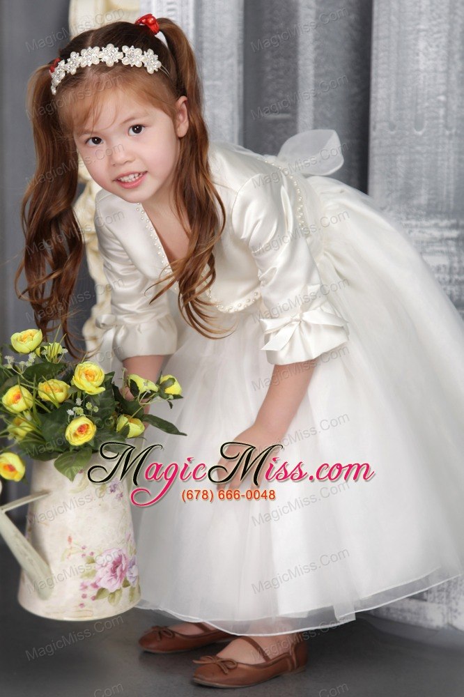 wholesale white a-line / princess scoop tea-length organza sach flower girl dress