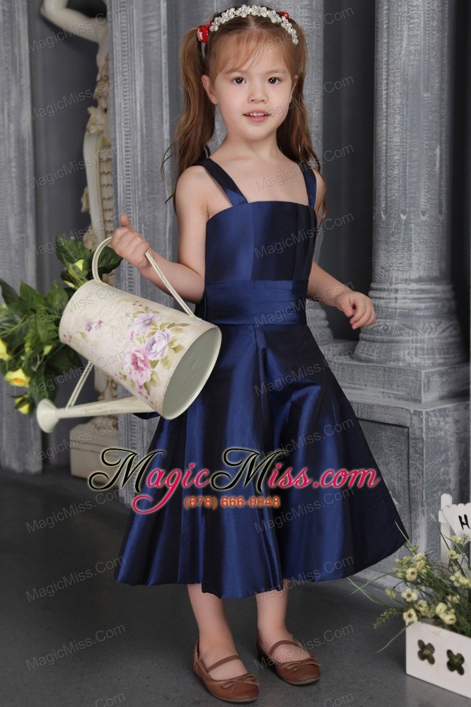 wholesale navy blue a-line / princess straps tea-length satin bow flower girl dress
