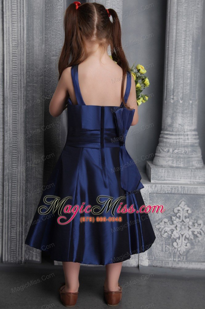 wholesale navy blue a-line / princess straps tea-length satin bow flower girl dress