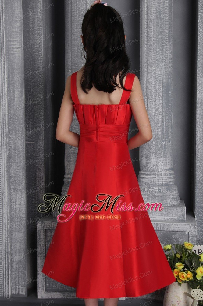 wholesale red a-line / princess wide straps tea-length satin ruch flower girl dress