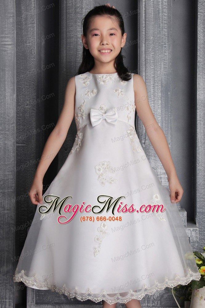 wholesale white a-line / princess scoop tea-length organza beading flower girl dress