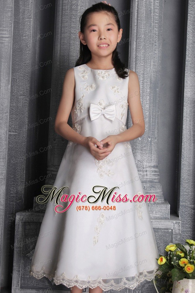 wholesale white a-line / princess scoop tea-length organza beading flower girl dress