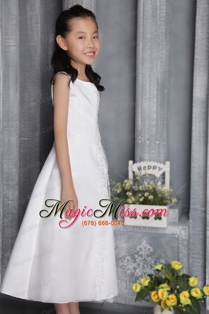 wholesale white column / sheath scoop tea-length organza beading flower girl dress