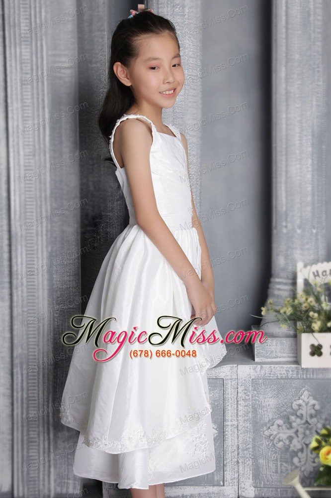 wholesale white column / sheath square tea-length taffeta appliques flower girl dress