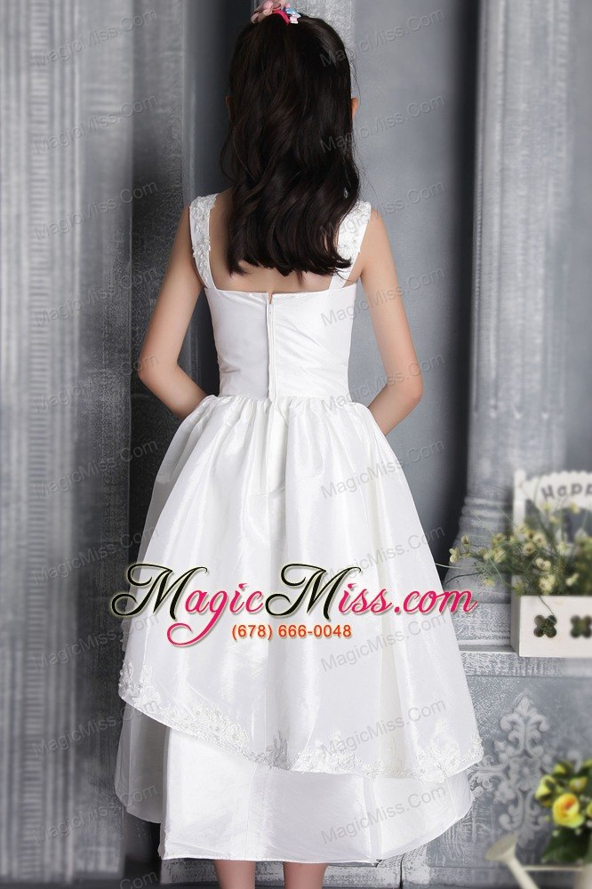 wholesale white column / sheath square tea-length taffeta appliques flower girl dress