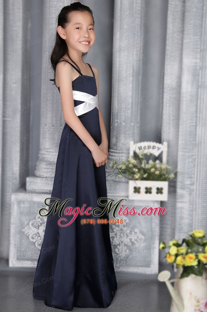 wholesale navy blue column straps floor-length satin flower girl dress
