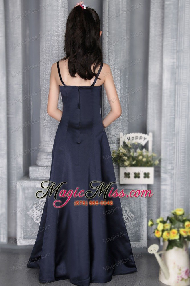 wholesale navy blue column straps floor-length satin flower girl dress