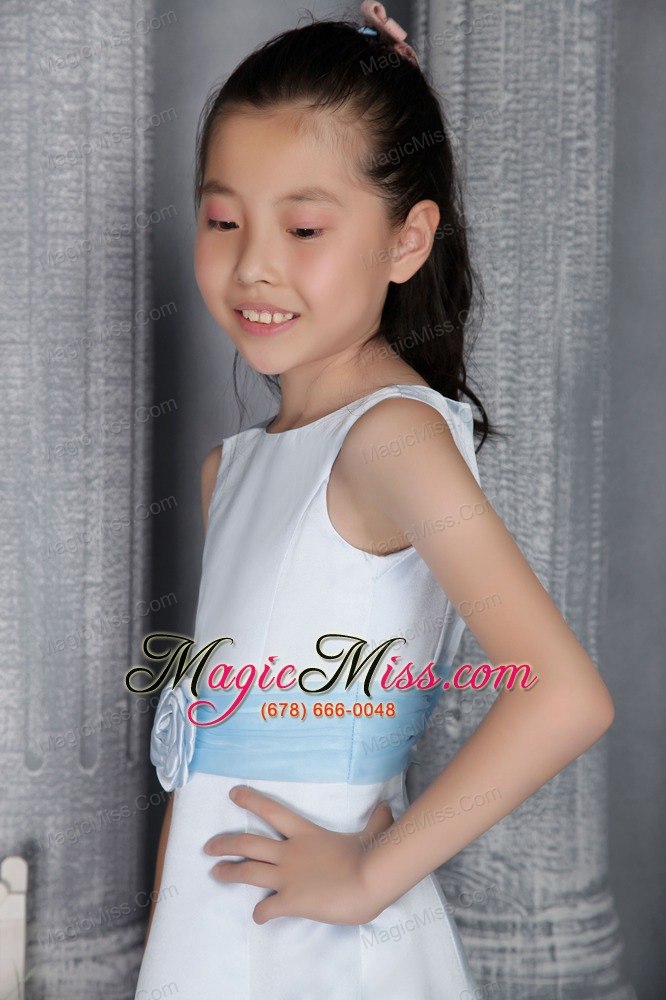 wholesale light blue a-line / princess scoop tea-length satin belt flower girl dress