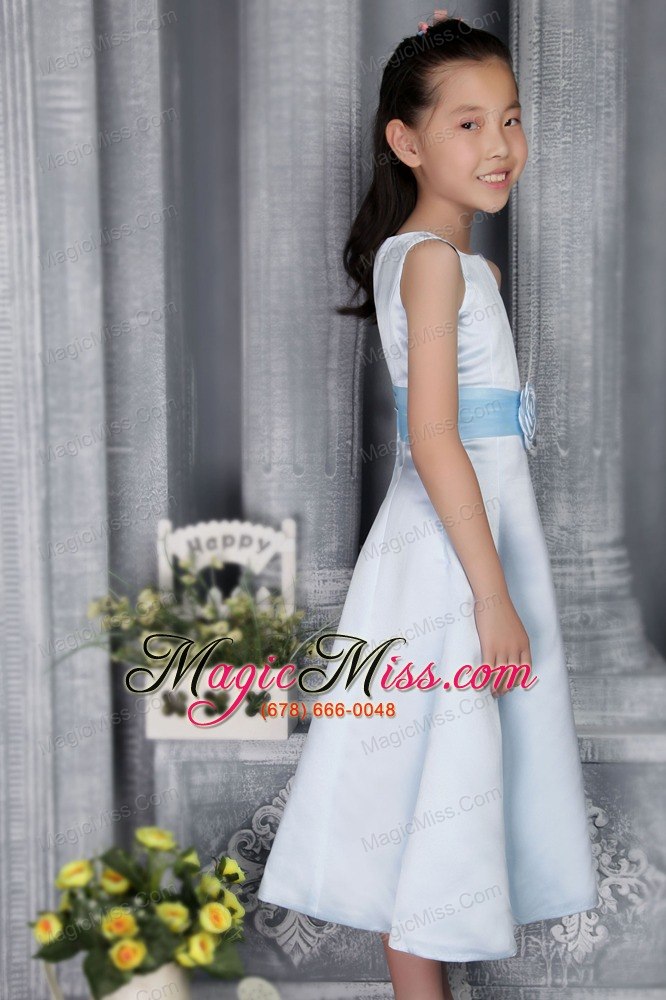 wholesale light blue a-line / princess scoop tea-length satin belt flower girl dress