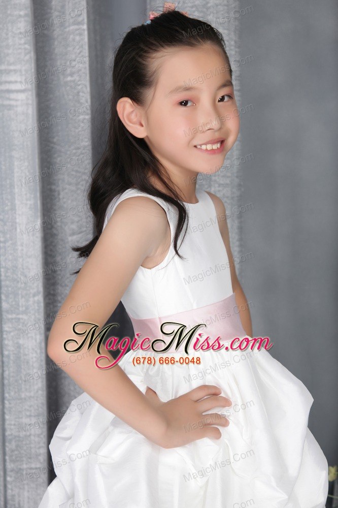 wholesale white a-line / princess scoop ankle-length taffeta belt flower girl dress