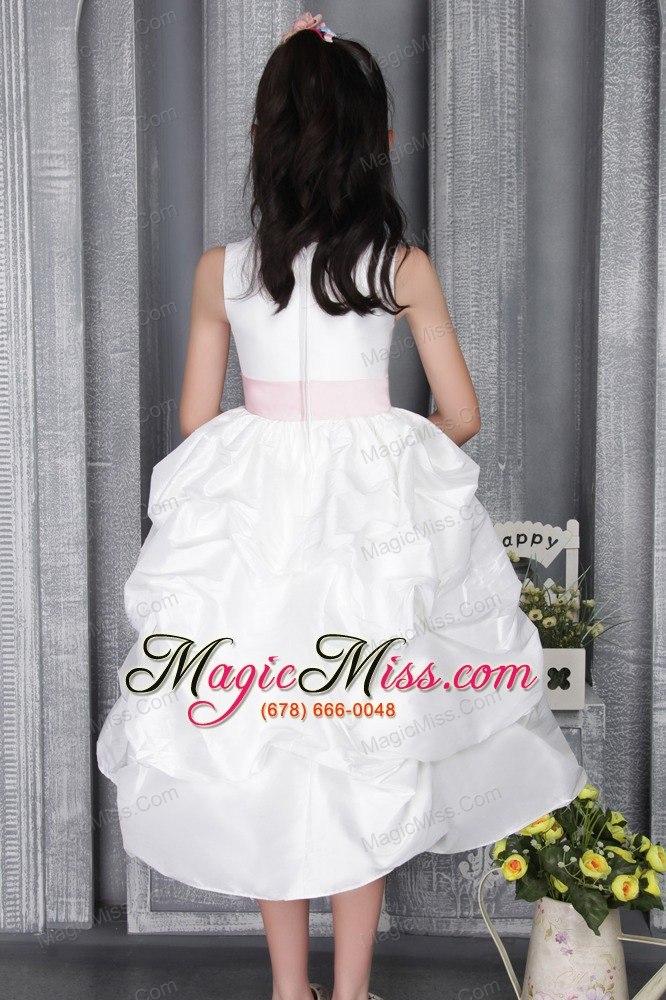 wholesale white a-line / princess scoop ankle-length taffeta belt flower girl dress
