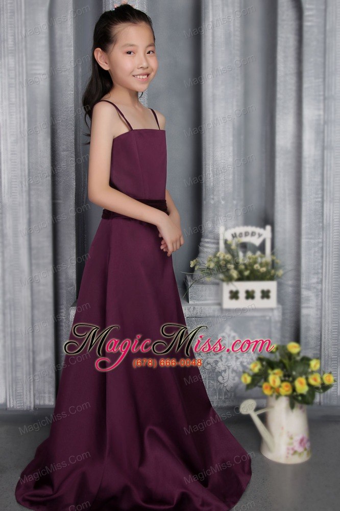 wholesale dark purple a-line straps brush train satin belt flower girl dress