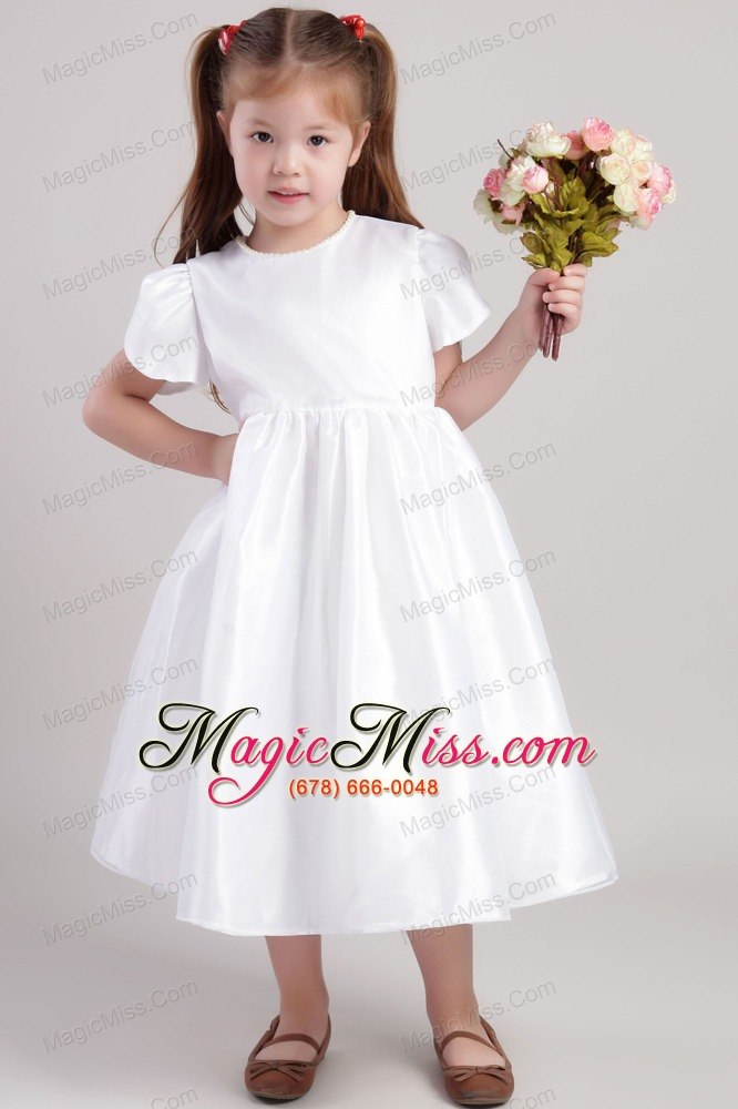 wholesale white a-line / princess scoop tea-length taffeta flower girl dress