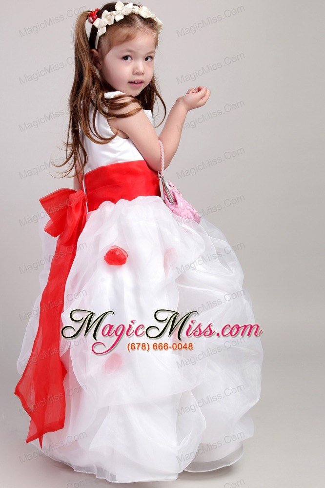 wholesale white and red a-line scoop floor-length taffeta and organza bow flower girl dress