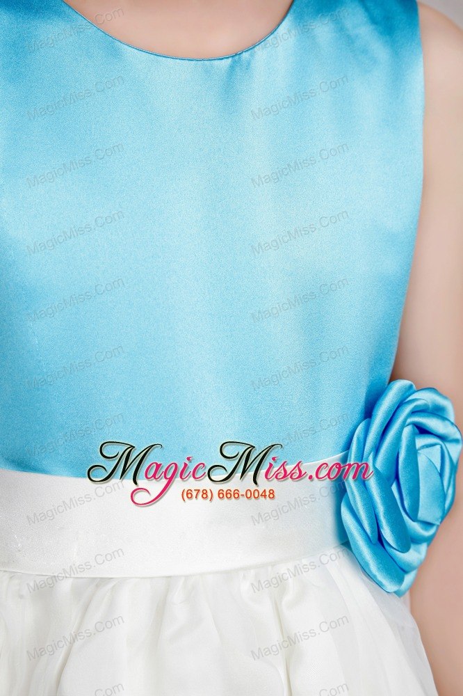 wholesale white and blue a-line scoop ankle-length taffeta and organza hand made flowers flower girl dress