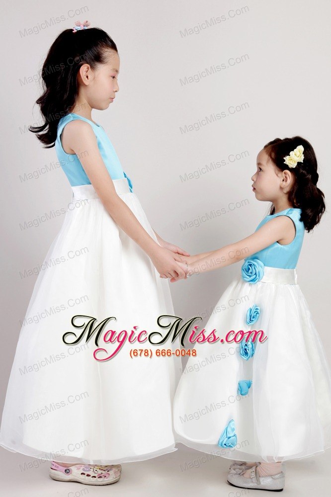 wholesale white and blue a-line scoop ankle-length taffeta and organza hand made flowers flower girl dress