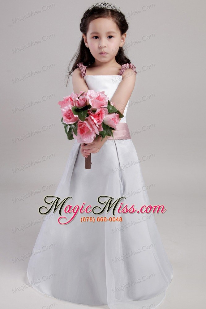 wholesale white a-line straps floor-length taffeta and organza hand made flowers flower girl dress