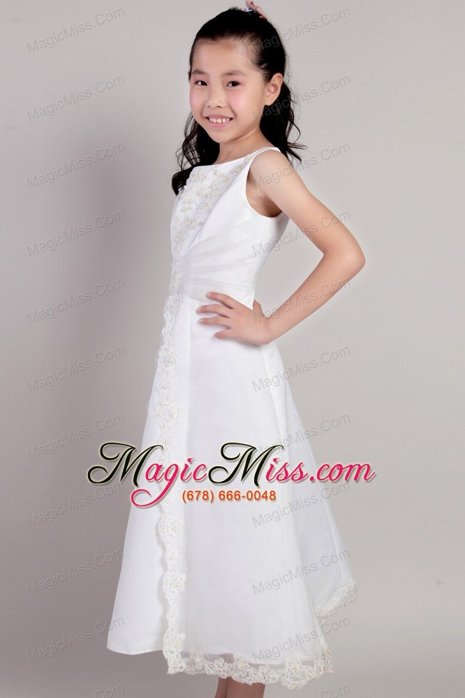 wholesale white a-line scoop tea-length taffeta and organza appliques flower girl dress