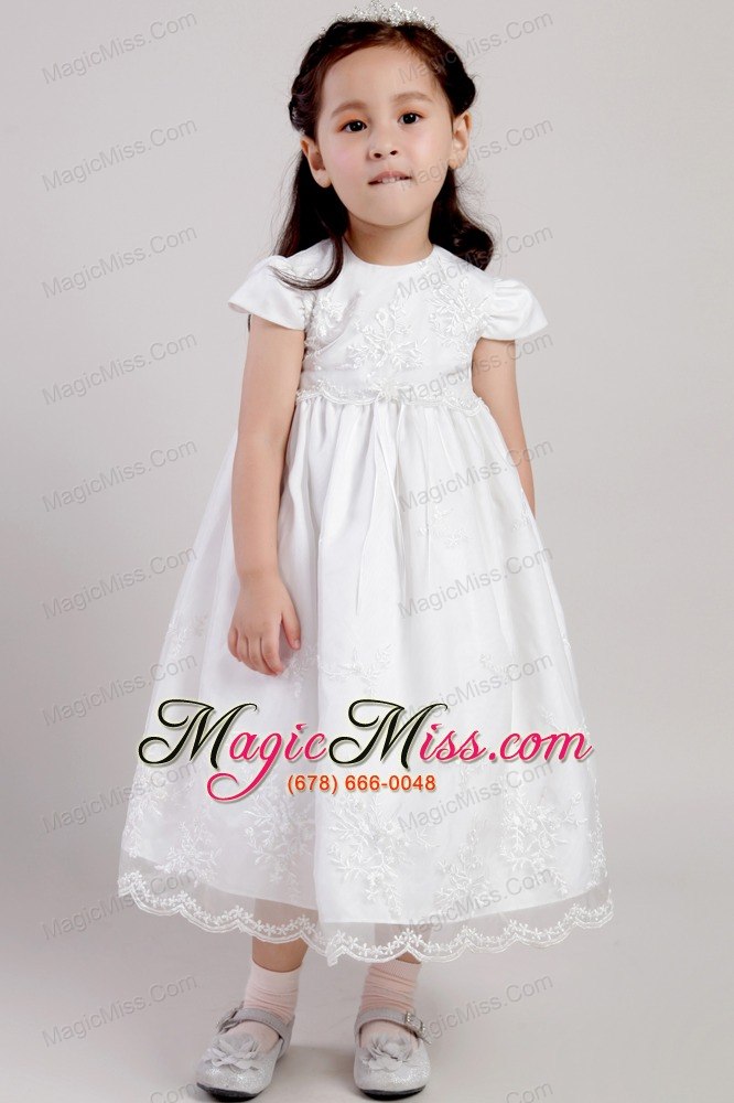 wholesale white a-line scoop tea-length taffeta and organza appliques flower girl dress