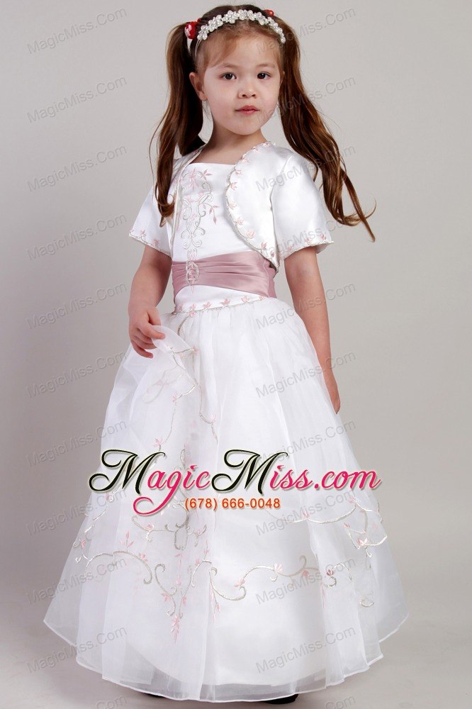 wholesale white a-line square ankle-length taffeta and organza embroidery flower girl dress