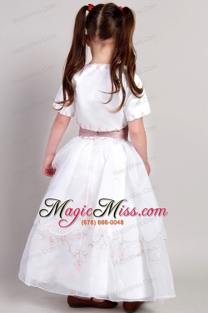 wholesale white a-line square ankle-length taffeta and organza embroidery flower girl dress
