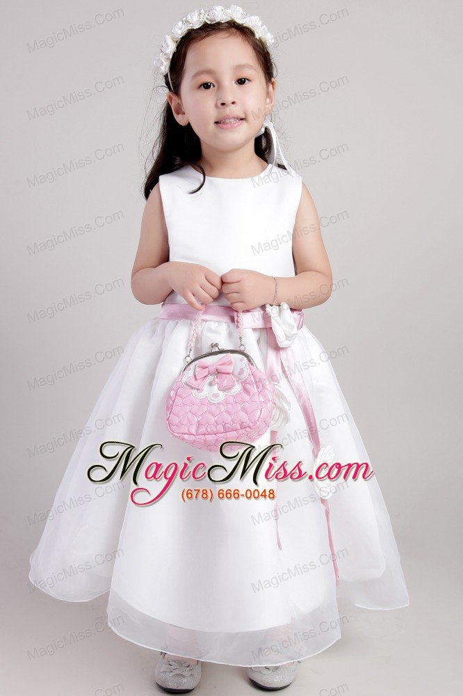 wholesale white a-line scoop ankle-length organza belt and handle made flowers little girl dress