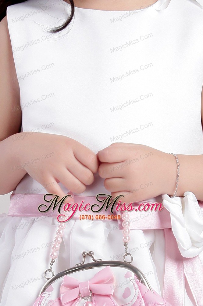 wholesale white a-line scoop ankle-length organza belt and handle made flowers little girl dress