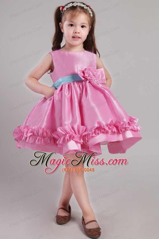 wholesale rose pink princess scoop knee-length taffeta belt and handle made flowers little girl dress