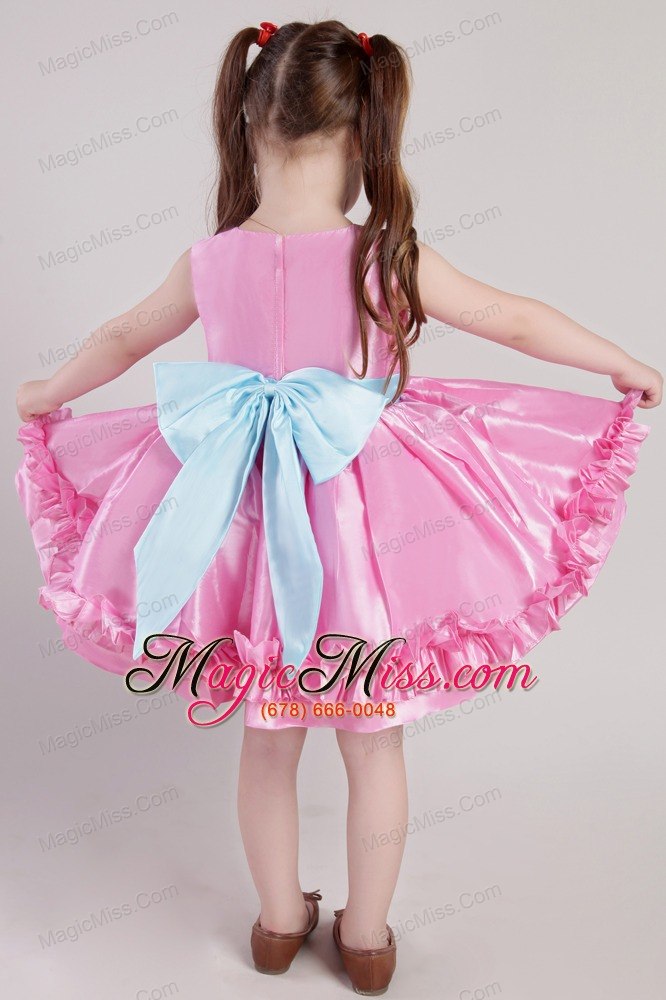 wholesale rose pink princess scoop knee-length taffeta belt and handle made flowers little girl dress