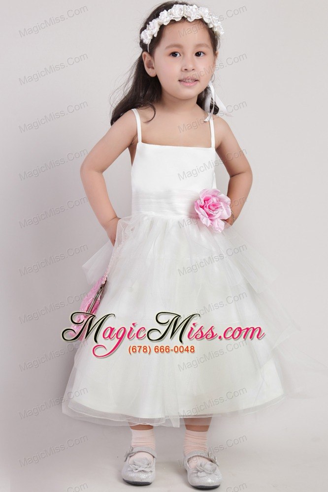 wholesale white a-line straps tea-length tulle hand made flower little girl dress