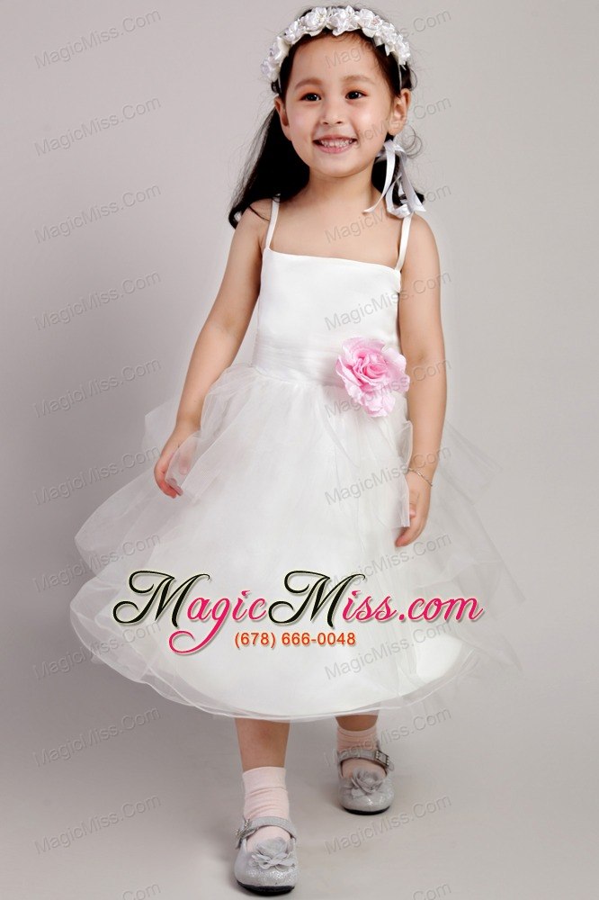 wholesale white a-line straps tea-length tulle hand made flower little girl dress