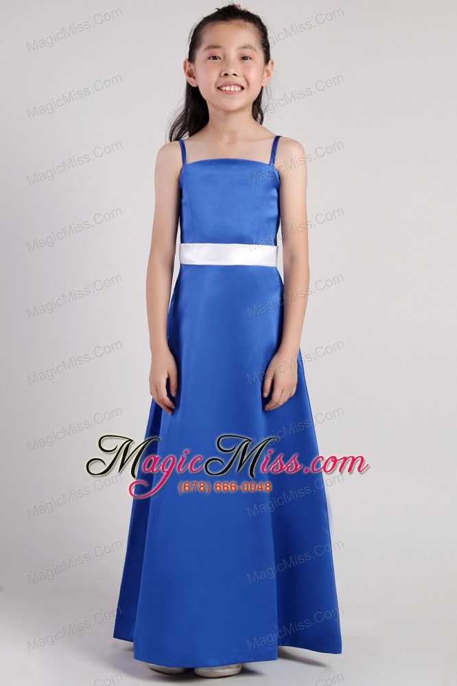 wholesale blue a-line straps ankle-length satin belt little girl dress