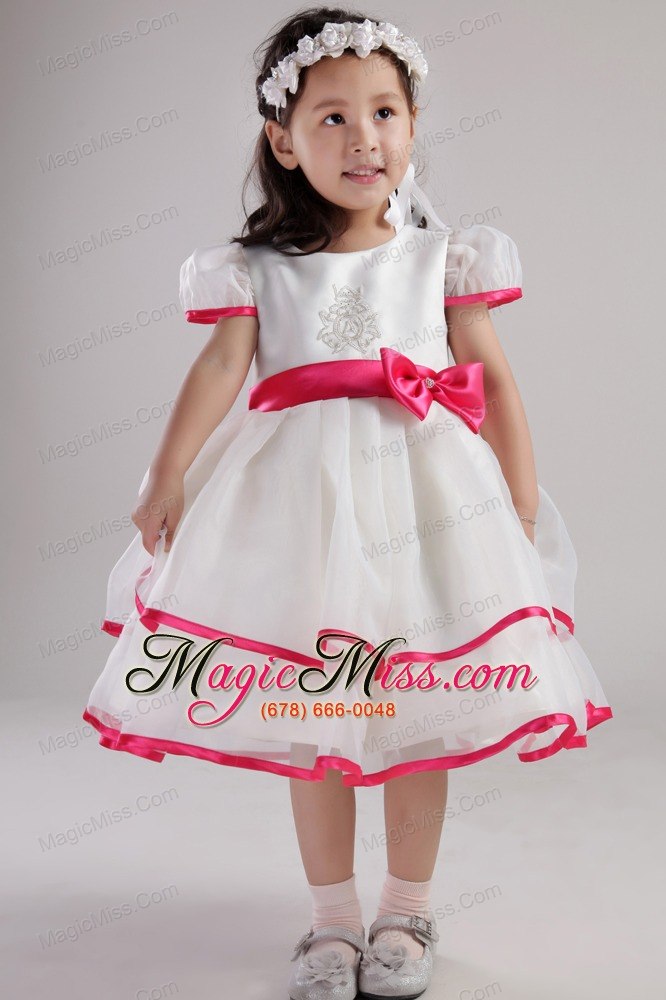 wholesale white princess scoop tea-length organza beading and bowknot little girl dress