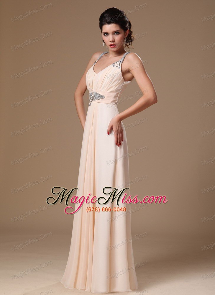 wholesale champagne chiffon v-neck empire beaded decorate shoulder custom made prom gowns in 2013