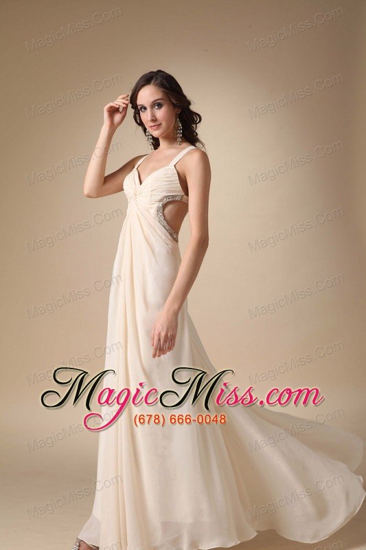 wholesale champagne empire straps floor-length chiffon beading and ruch prom / evening dress