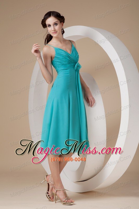 wholesale turquoise column / sheath spaghetti straps knee-length chiffon bow prom dress