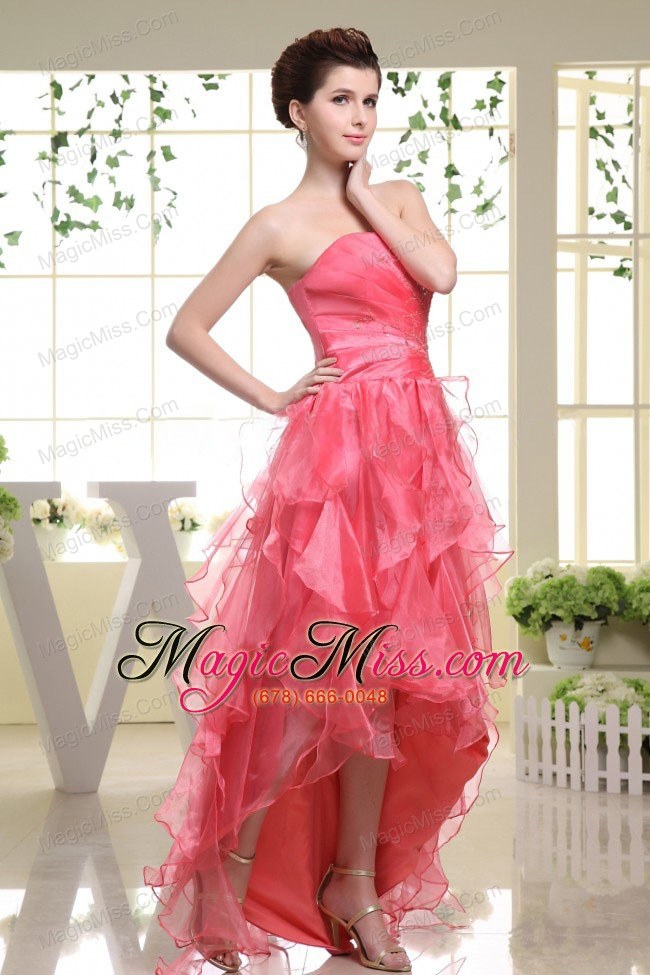 wholesale high-low coral red prom dress with beading rufflers layers