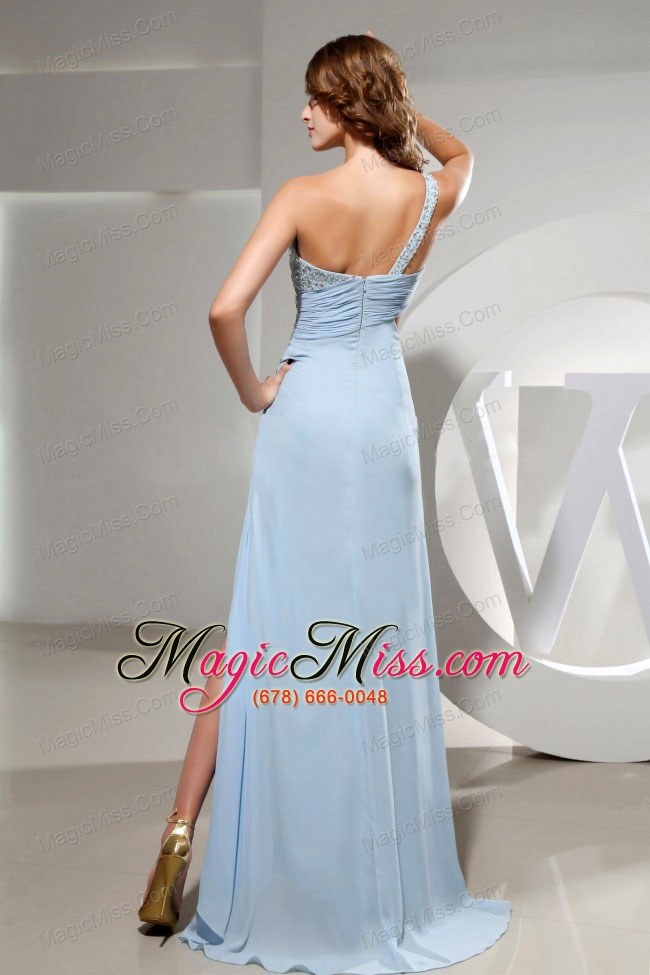 wholesale light blue one shoulder and high slit prom dress with beading