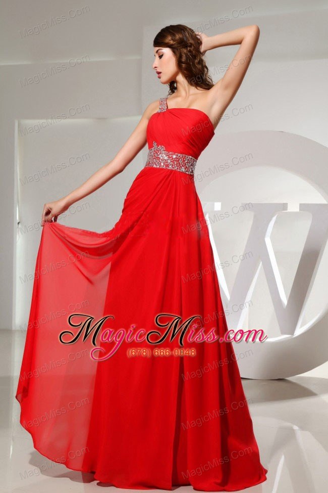 wholesale beaded decorate one shoulder and waist red prom dress