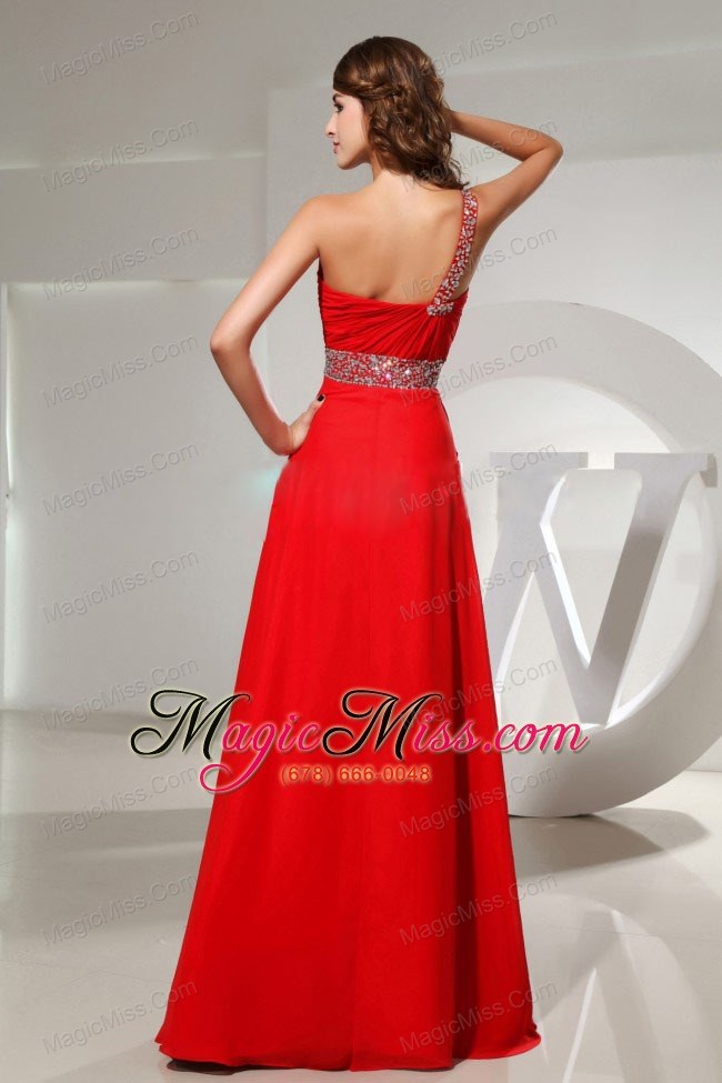 wholesale beaded decorate one shoulder and waist red prom dress