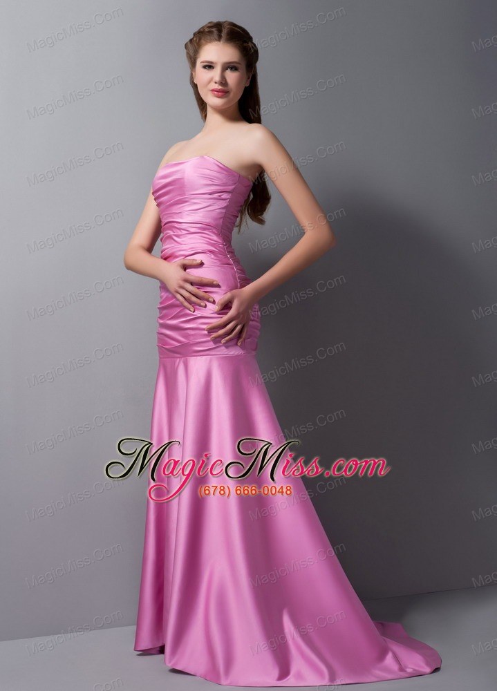 wholesale rose pink mermaid strapless brush train taffeta ruch prom dress