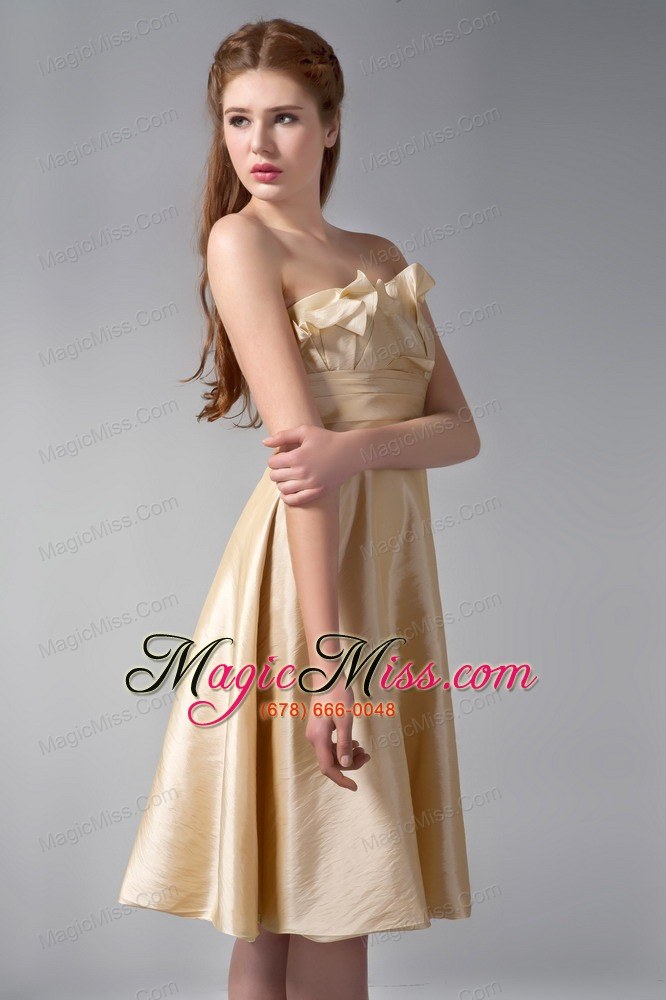 wholesale gold empire strapless knee-length elastic woven satin ruch prom dress