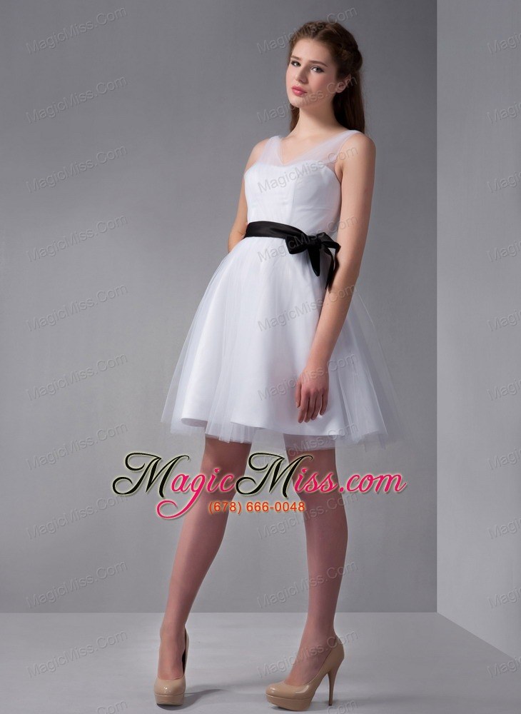 wholesale white a-line v-neck mini-length tulle and taffeta bow prom dress