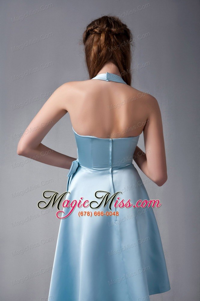wholesale aqua blue a-line halter asymmetrical elastic woven satin ruch prom dress