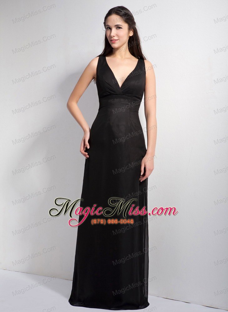 wholesale black column v-neck floor-length elastic wove satin and chiffon prom dress
