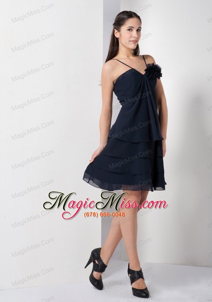 wholesale navy blue a-line spaghetti straps knee-length chiffon hand made flower prom dress